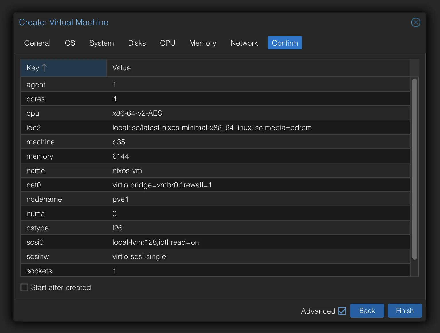 Proxmox Create VM Summary